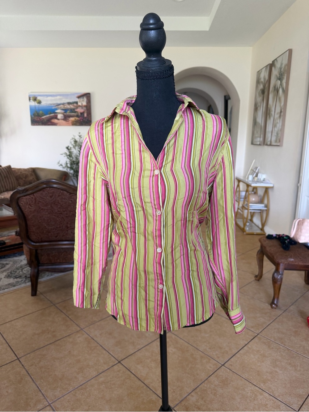 100% Silk Jones New York Women’s Button-Up Stripe Shirt - Pink & Green